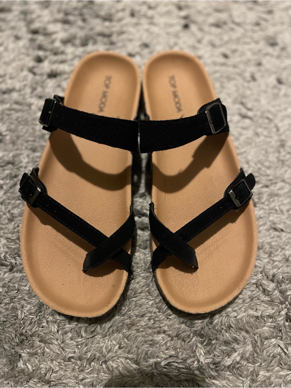 TOP Moda Black Strappy Toe-Loop Sandals with Tan Footbed